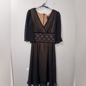 Connected black tan chiffon sheer overlay floral empire waist v neck dress sz 6